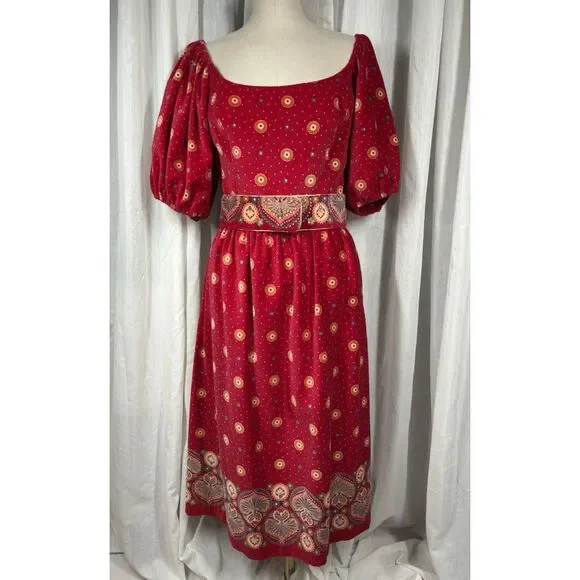 VTG Victor‎ Costa Red Velveteen Midi Party Dress Womens 10 Belted Puff Gold EUC